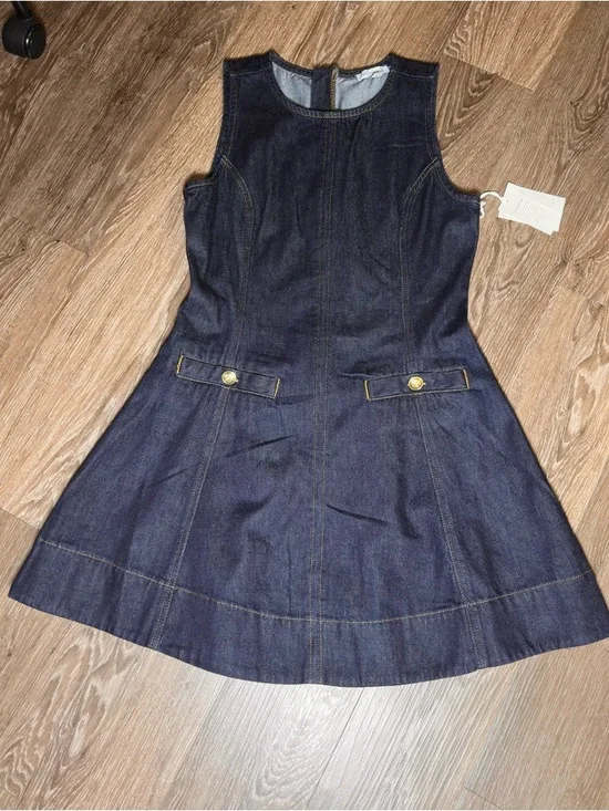 Sleeveless Dark Indigo Denim Mini Dress with Button Pocket Detail - Picture 3 of 6